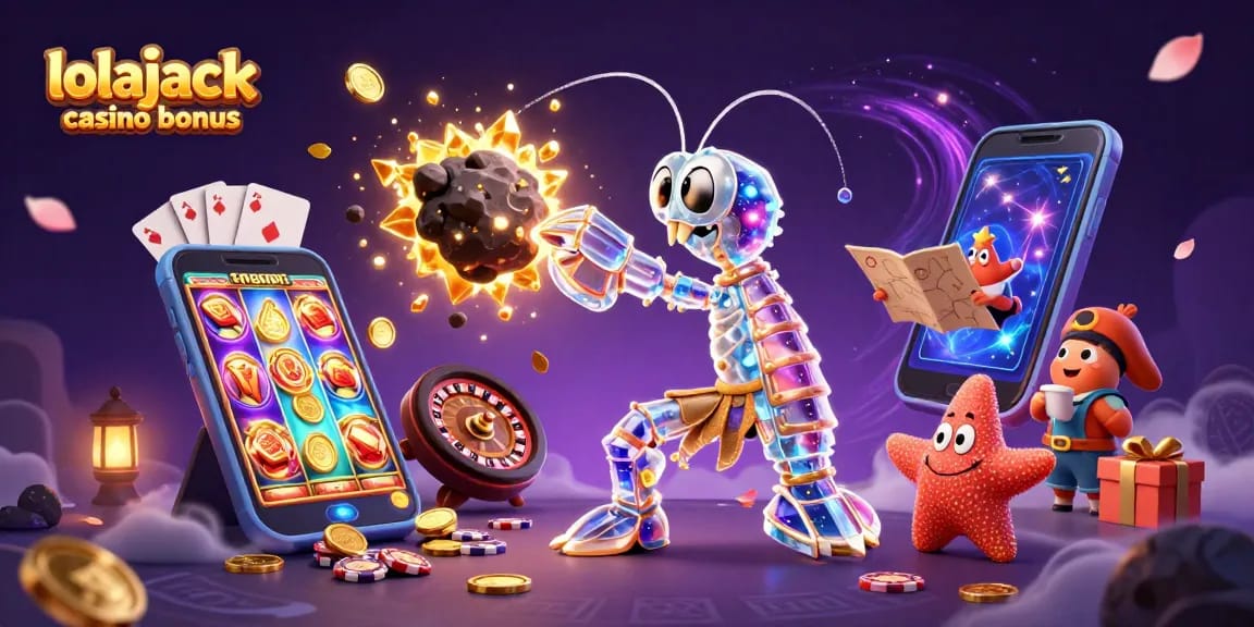 Experience the thrill of lolajack casino bonus with vibrant 3D illustrations showcasing exciting gaming elements.