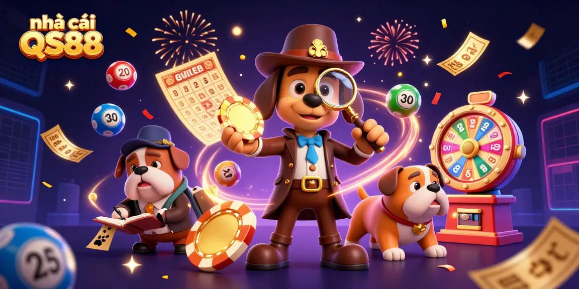 Engage with nhà cái QS88 at an exciting casino scene filled with colorful lottery elements and dynamic game clues.