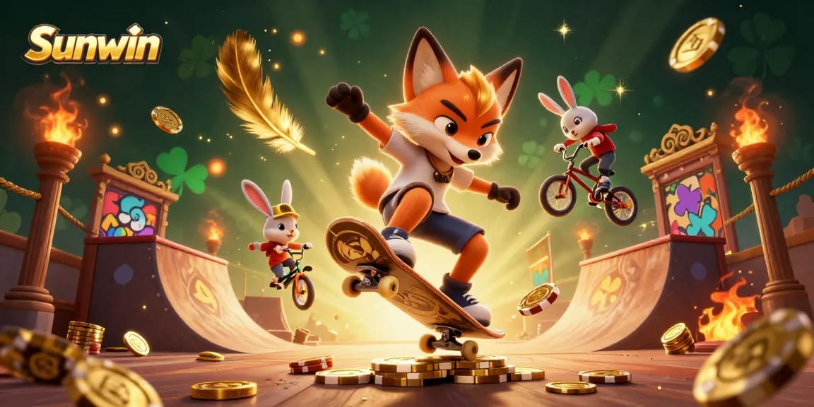 Experience Sunwin's thrilling gaming action with our cartoon fox and rabbit featuring casino elements.