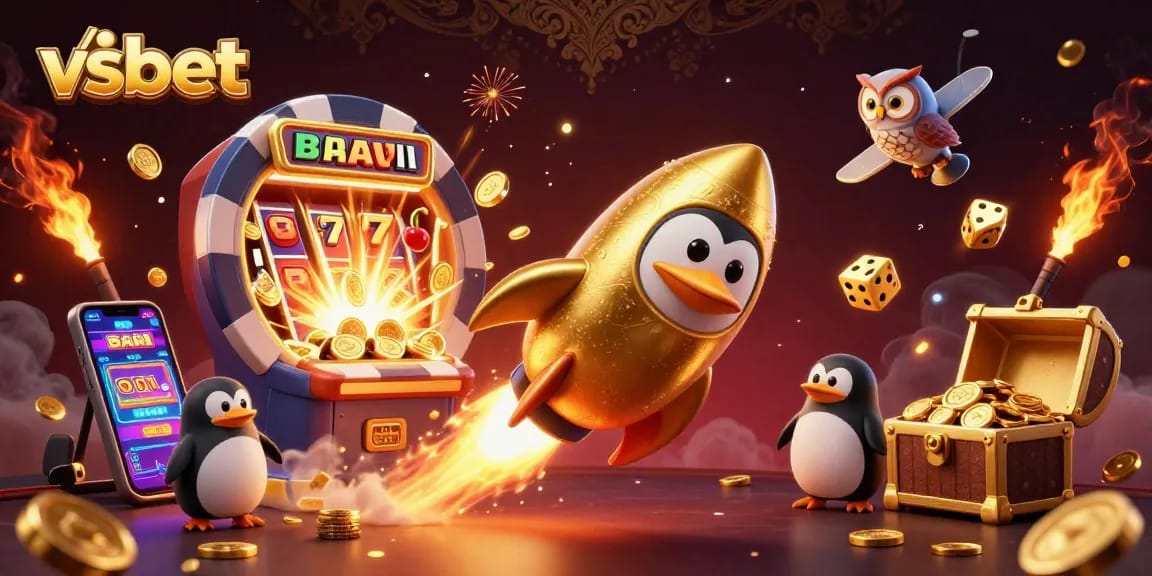 Engage with the thrilling world of vsbet through an energetic casino-themed 3D illustration bursting with excitement.