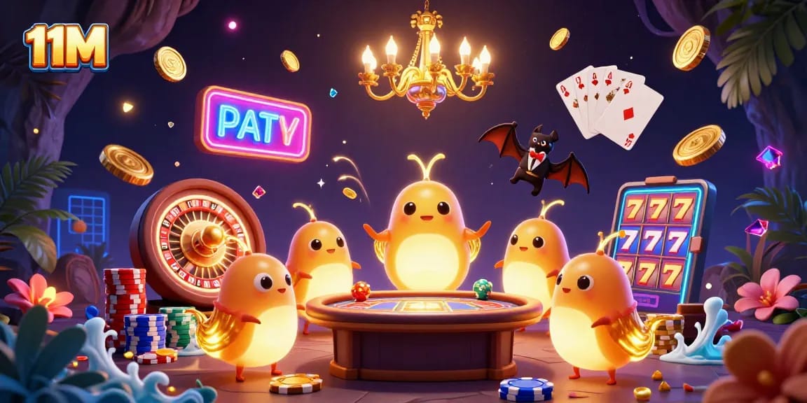 Engage with 11M's vibrant 3D casino scene featuring glowworms and a bat dealer amidst thrilling gaming elements.