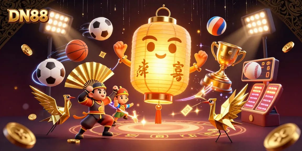 Engage with DN88's vibrant casino experience featuring a glowing golden lantern spirit and dynamic sports elements.