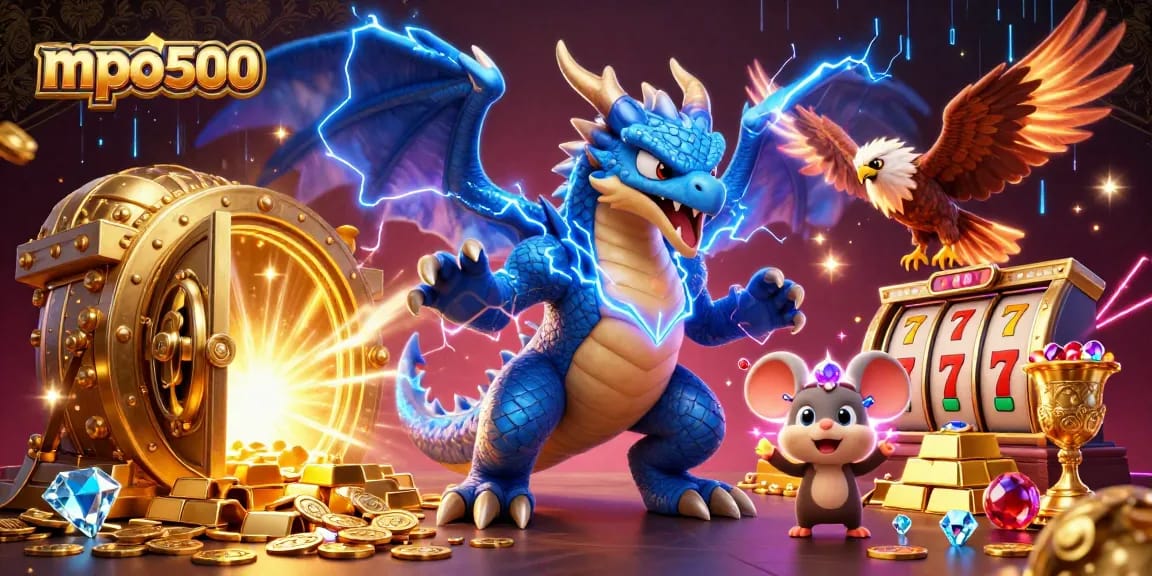 Win big at mpo500 with slot games featuring dragons, treasure, and jackpots in a vibrant casino scene.