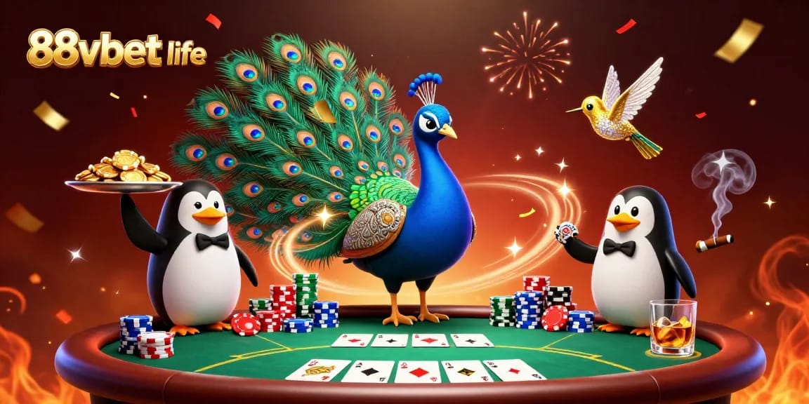 Chơi tại 88vbet life, hình ảnh 3D sôi động của chú công, người phục vụ và chim ruồi giữa không gian casino.