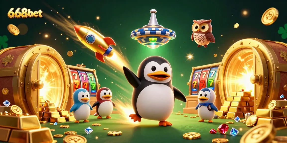 Join the exciting 668bet experience with a golden penguin, casino adventures, and treasure!