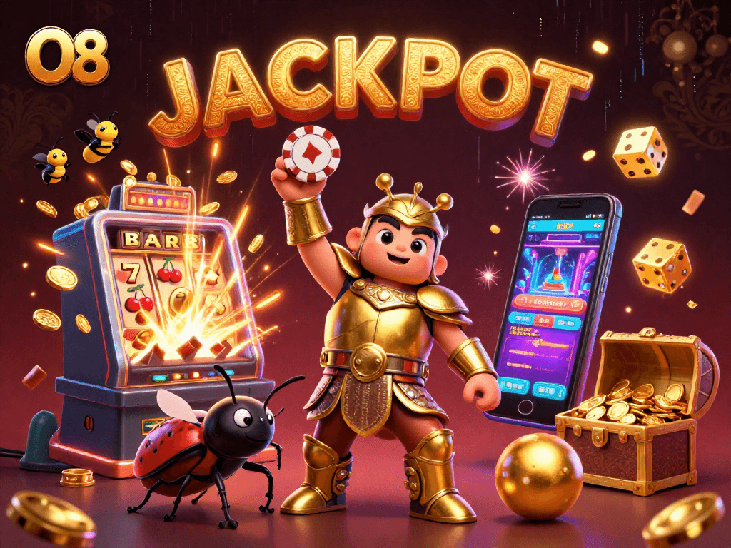 O8 showcases a victorious hercules beetle celebrating a jackpot in an exciting casino scene.