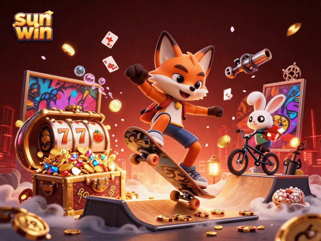Experience thrills in Sun Win casino illustrated with vibrant characters and casino elements.