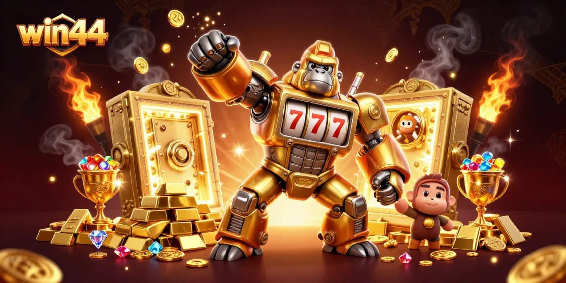 Win44 platform featuring a golden gorilla mech amidst treasures, perfect for high-stakes gaming.