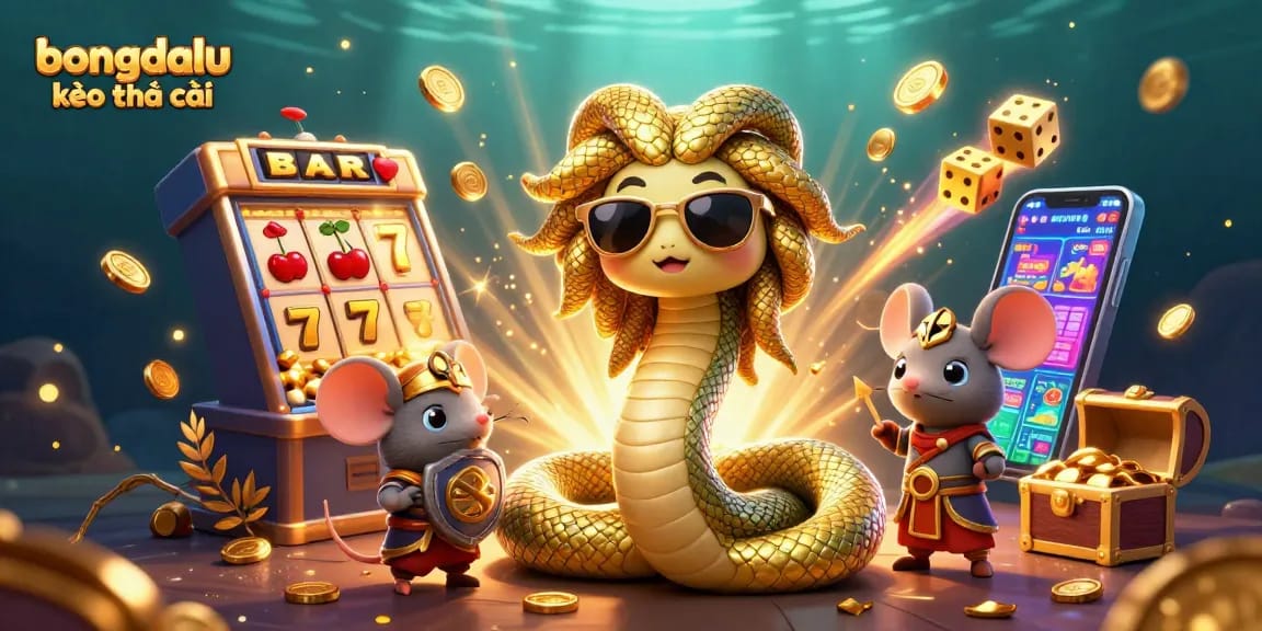 Experience the thrill of bongdalu kèo nhà cái with festive fun from friendly Medusa and warrior mouse amidst colorful casino elements.