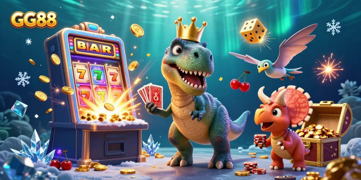Experience the excitement of GG88 with fun characters engaging in dynamic gambling activities surrounded by casino elements.