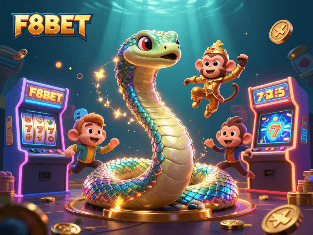 Experience F8BET's thrilling gaming with vibrant colors, slot reels, and playful characters.