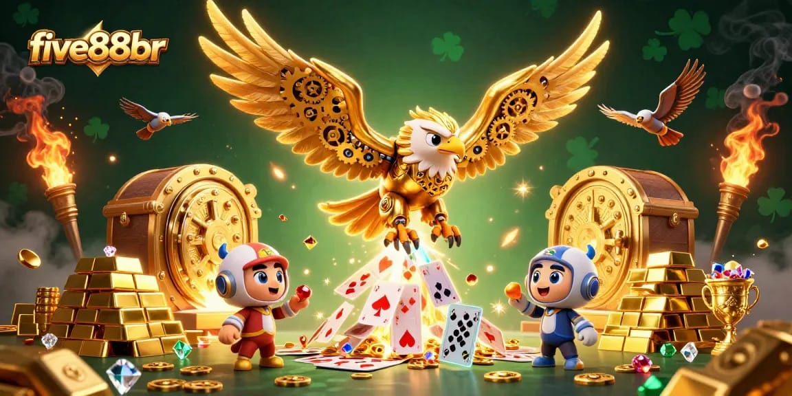 Experience the thrill of five88br with a golden eagle amidst dazzling casino treasures and holographic cards.