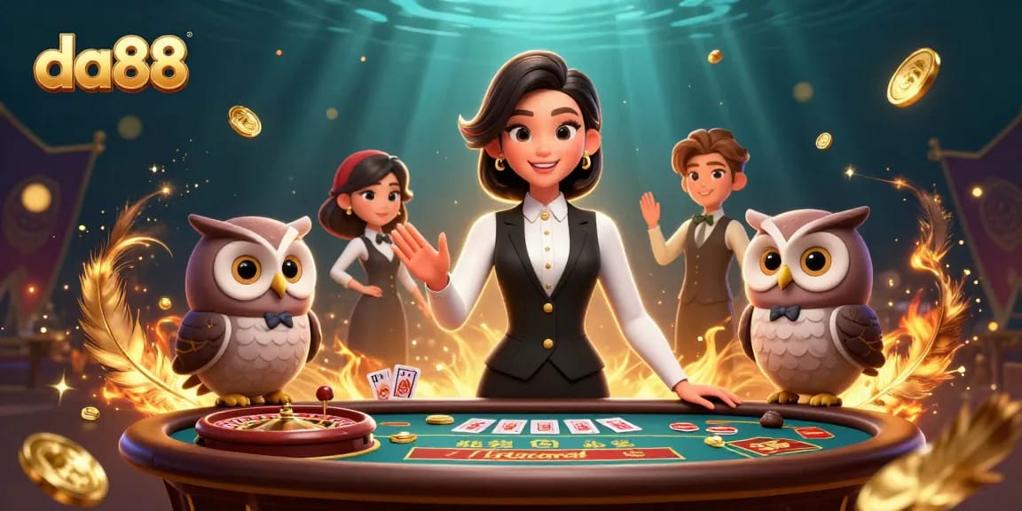 Experience thrilling baccarat games with da88 featuring a charming dealer and owl assistant.
