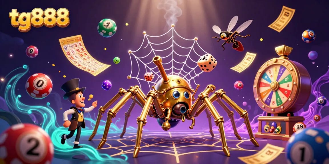 Experience thrilling gaming with TG888, featuring a steampunk spider and vibrant lottery elements.