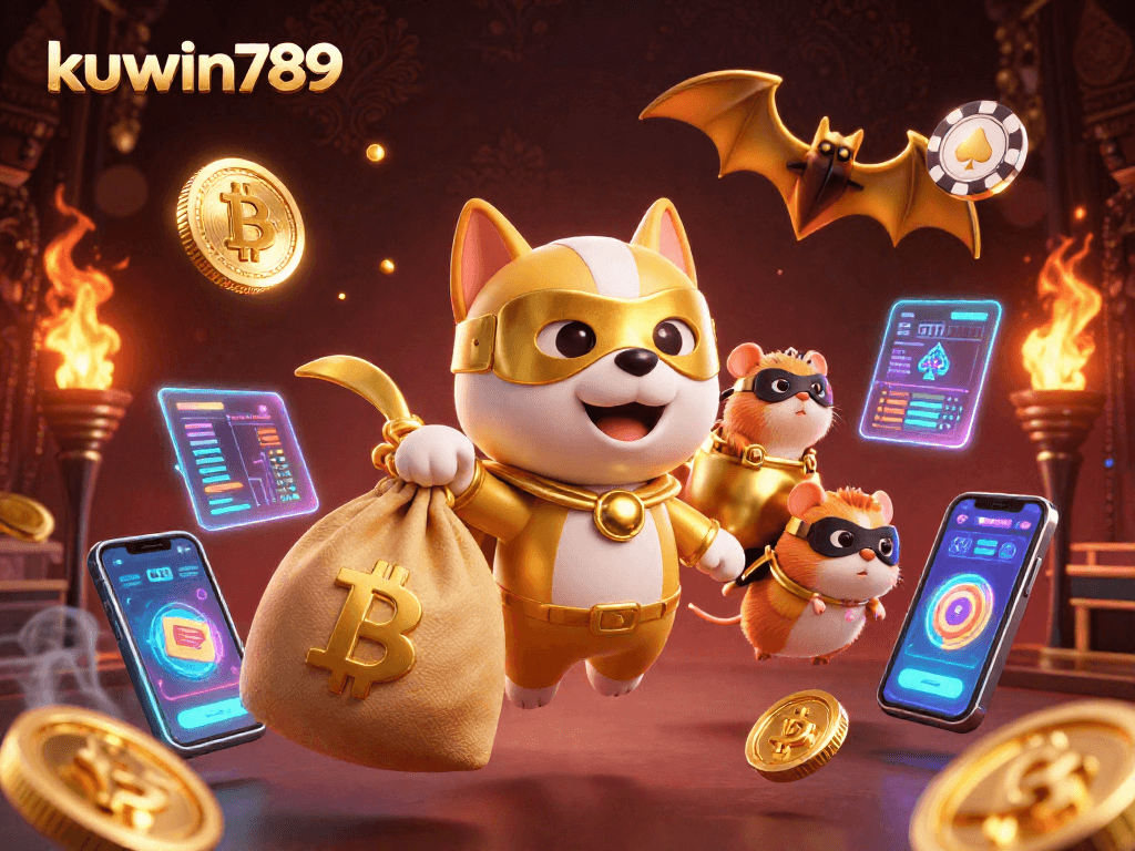 Engage in thrilling gameplay with kuwin789 featuring a superhero dog flying with gold coins, set in a vibrant casino scene.