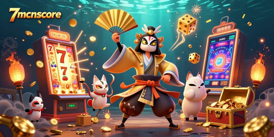Play thrilling games at 7mcnscore, featuring a kabuki warrior amid a lavish casino scene.