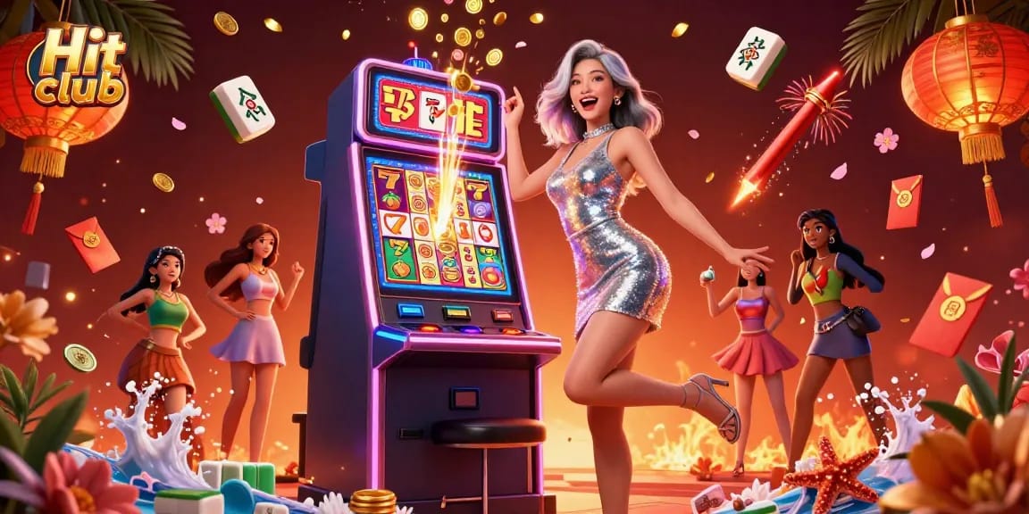 Experience the excitement at Hit club with a joyous Asian woman celebrating a jackpot amidst vibrant casino elements.