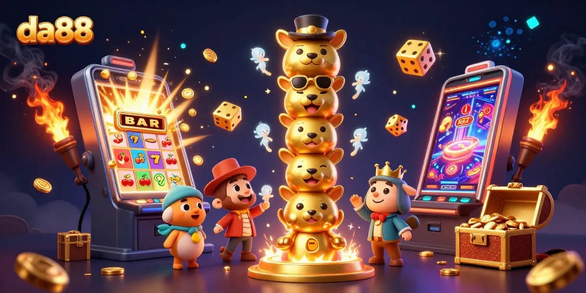 Spin the reels with da88 on an ultra-detailed 3D casino illustration featuring vibrant characters and elements.