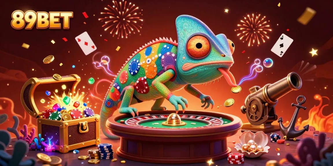Experience the vibrant casino world of 89BET with a chameleon owner and gold coins flying!