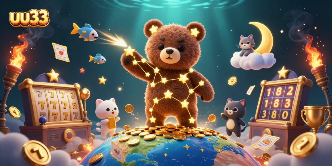 Engage with exciting gameplay at uu33, featuring a 3D cartoon bear in a golden casino world.