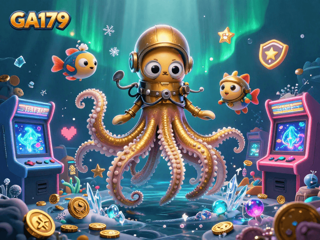 Experience thrilling GA179 action as the kraken emerges from treasure-filled depths amid glowing game machines.