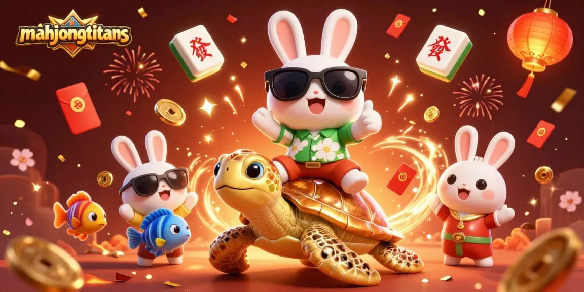 Engage in Mahjong titans excitement with lucky rabbit and turtle in a vibrant, festive scene.