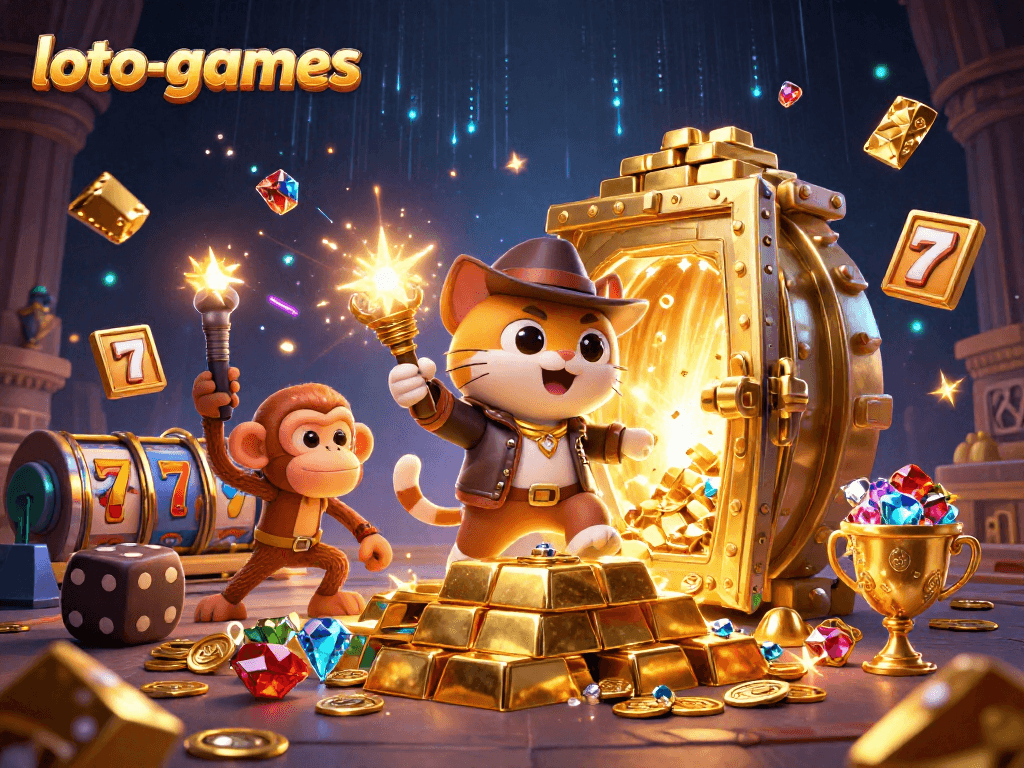 Discover thrilling loto-games with an adventurous cat and monkey in a vibrant casino scene
