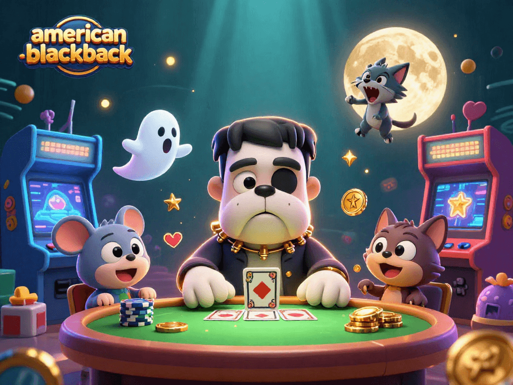 Experience the excitement of american-blackjack with a cartoon monster dealer, chips, and casino games