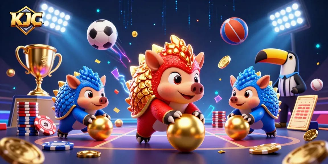 KJC showcases rival pangolins in a dynamic casino scene filled with poker chips and sports elements.