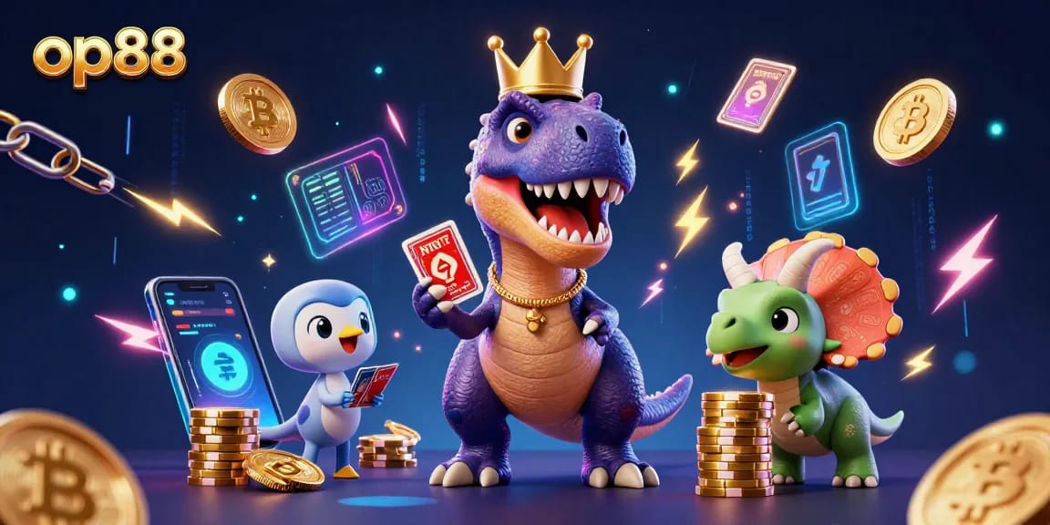 Join the excitement at op88 with a unique scene of cartoon characters engaging in fun gambling activities amidst vibrant casino elements.