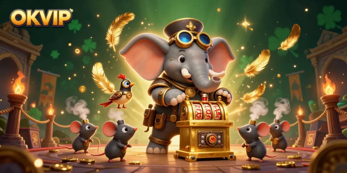 Engage with OKVIP's thrilling online gaming experience through an interactive steampunk scene.