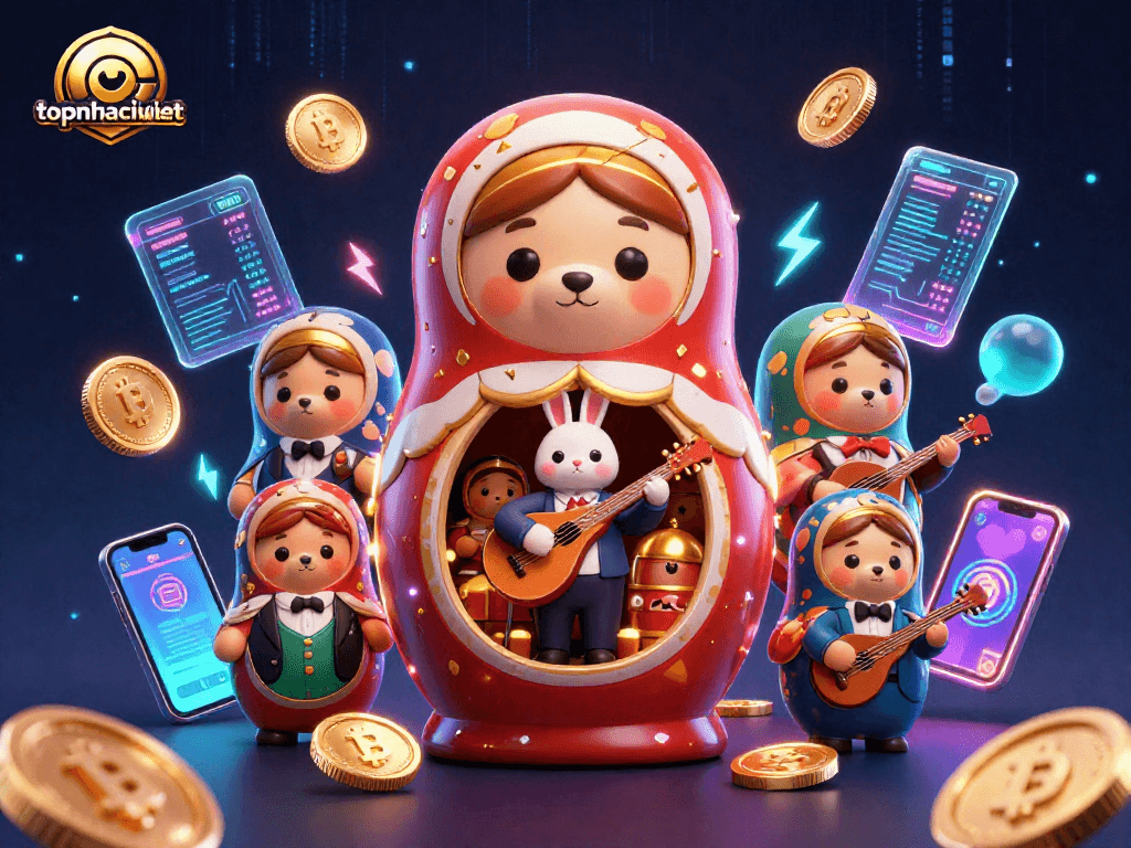 Engage with topnhacaiviet while enjoying a vibrant casino scene featuring playful characters and crypto elements.