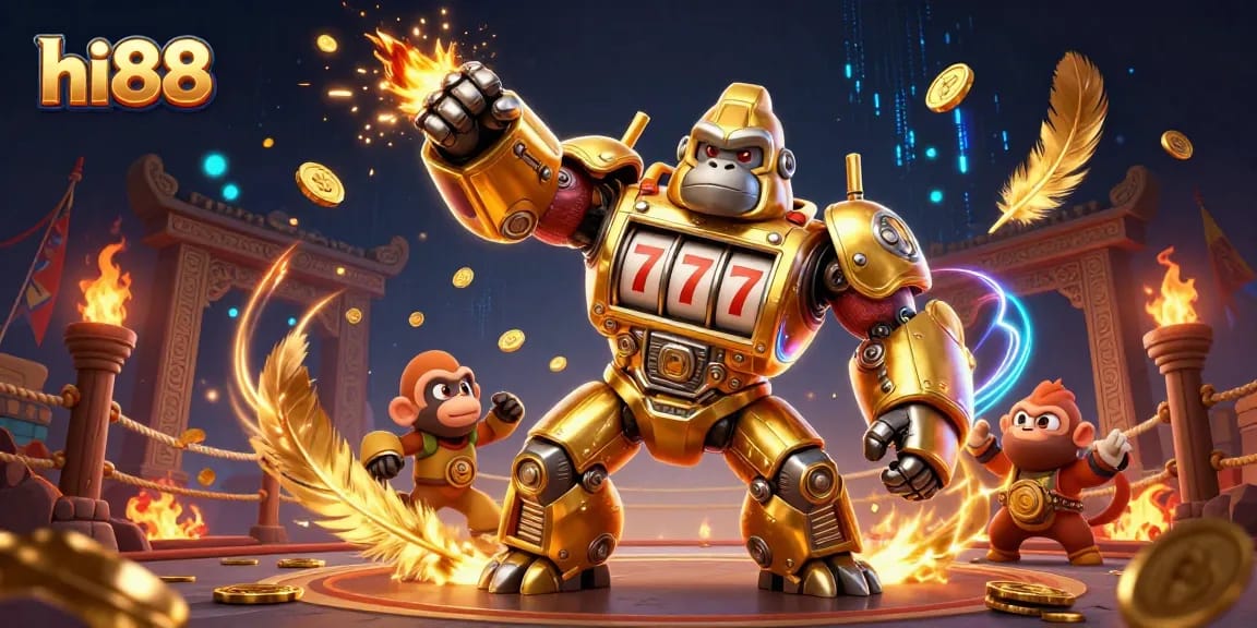 Experience thrilling gaming at hi88 with a dynamic 3D illustration of a golden gorilla mech and a tiny monkey pilot, set in a vibrant casino scene.