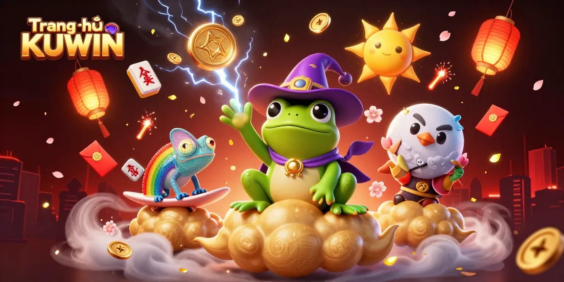 Spin golden coins at Trang chủ KUWIN with a vibrant 3D casino scene featuring magical characters.