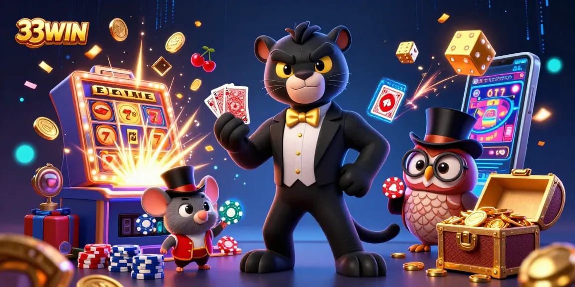Join 33WIN's vibrant gaming world with a stylish panther dealer and fun characters in action.