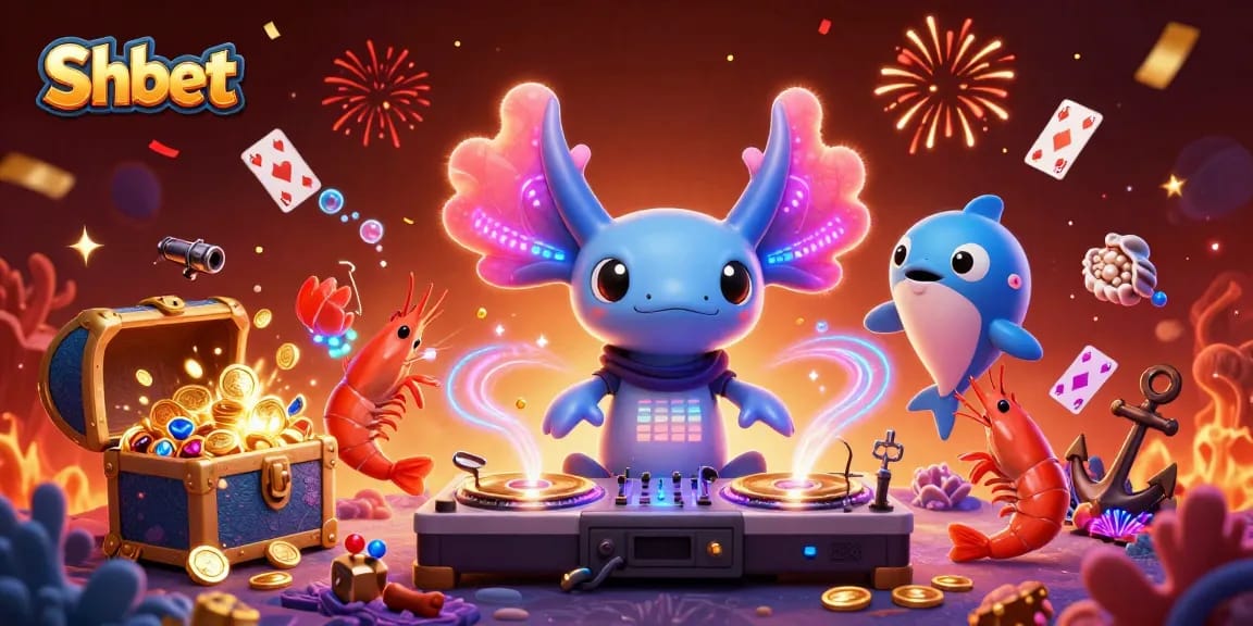 Experience Shbet's vibrant underwater casino world with neon characters and festive treasures.