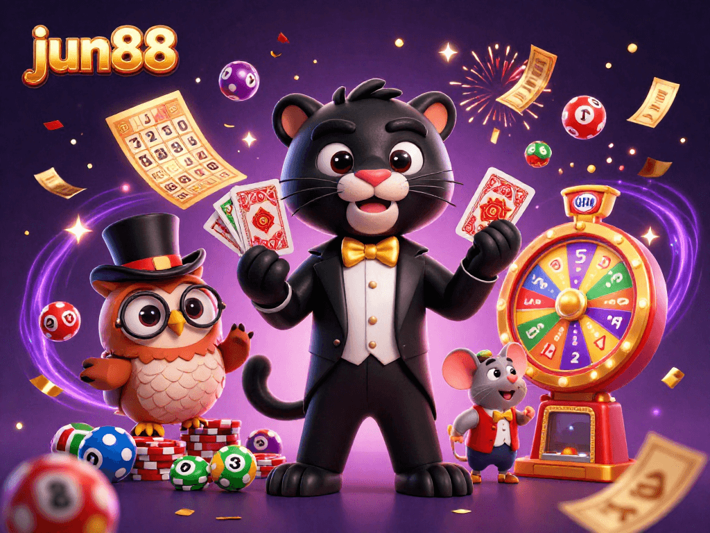 Experience thrilling gaming moments with jun88's stylish characters, vibrant casino elements, and dynamic illustrations.