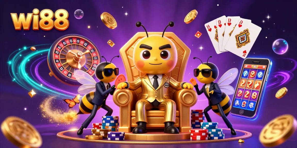 Experience thrilling gameplay at wi88 with a 3D illustration of vibrant casino action featuring characters and dynamic game elements.