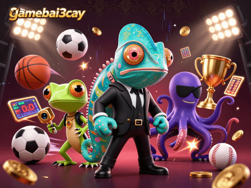 gamebai3cay showcases a thrilling casino scene with dynamic sports elements and engaging characters.