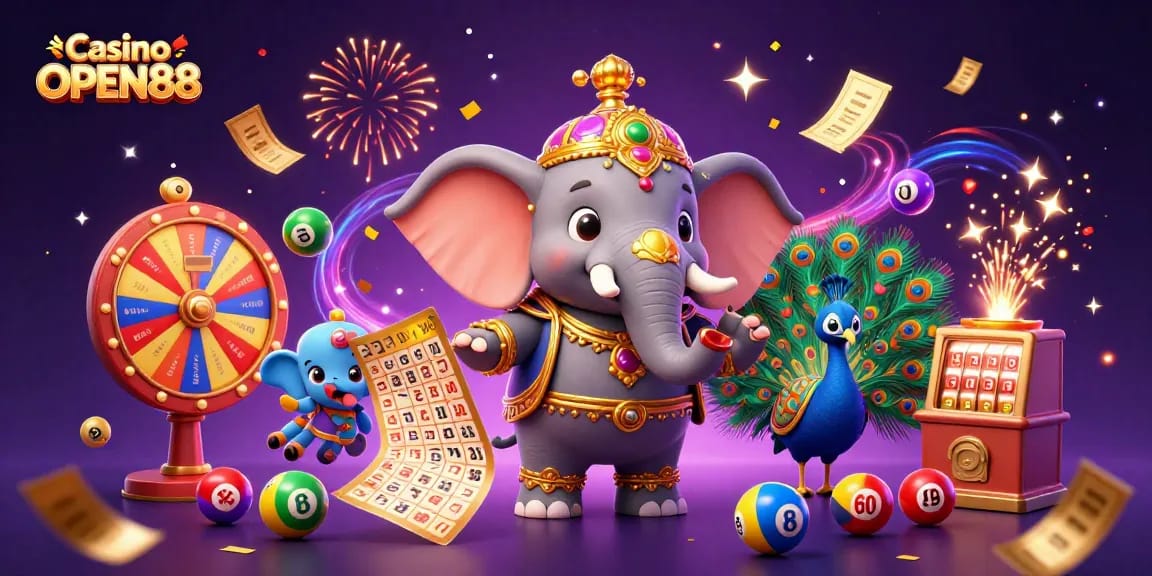 Engage with Casino OPEN88 through vibrant 3D illustration featuring lively characters and gambling elements.