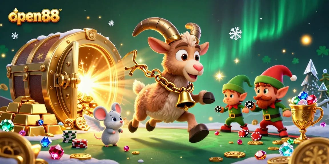 Experience open88's thrilling atmosphere as the Krampus goat manages a lively holiday casino scene.