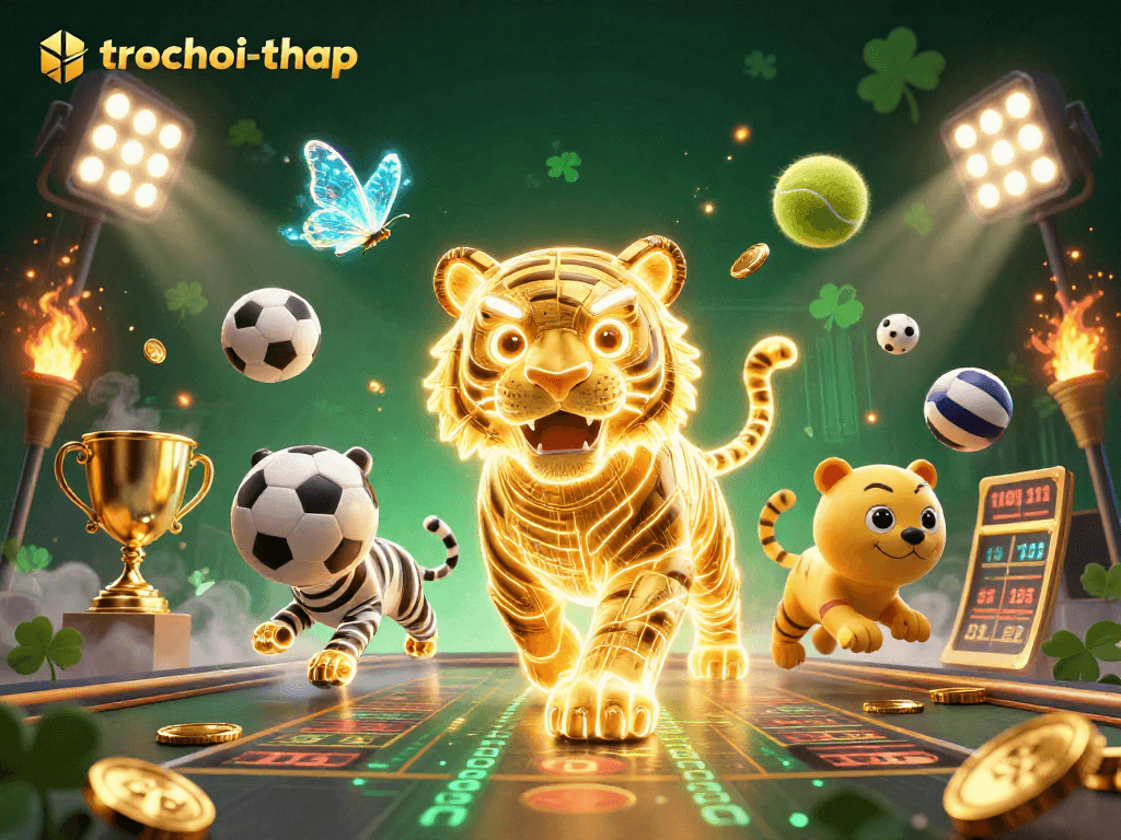 Engage with trochoi-thap as the golden tiger navigates a dynamic digital casino filled with sports elements.