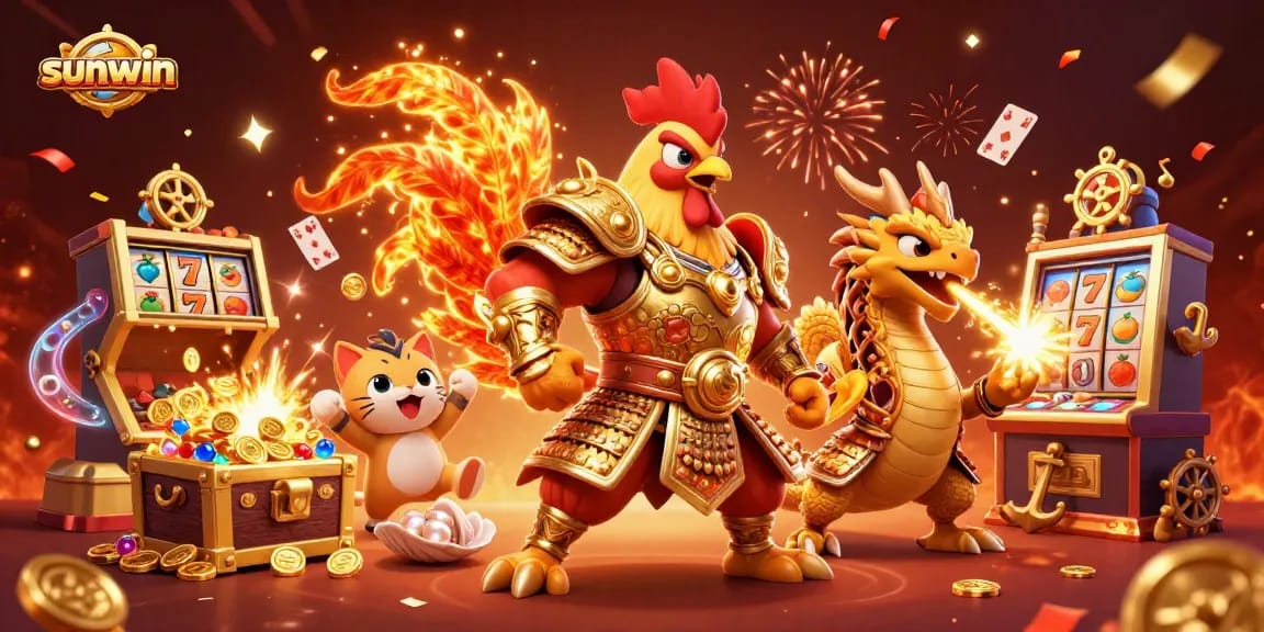Spin to win with sunwin-inspired slots featuring a dynamic dragon warrior and fortune cat mascot.