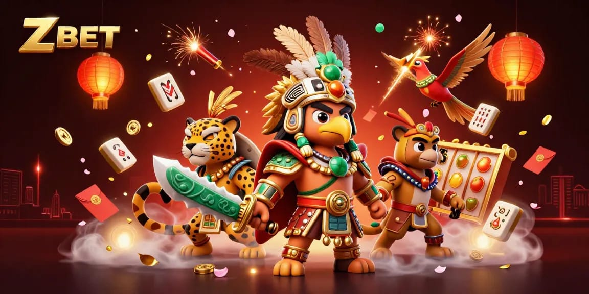 ZBET slots illustration with Aztec eagle warrior, jaguar companion, and dynamic casino elements