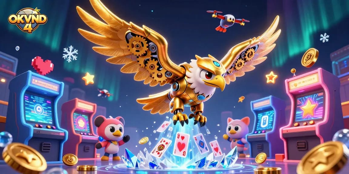 Experience the excitement of OKVND 4 with a dynamic illustration of a cybernetic eagle and casino elements.