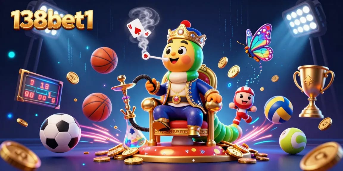 Engage in thrilling gaming at 138bet1 with exhilarating sports and casino elements surrounding a vibrant caterpillar character.