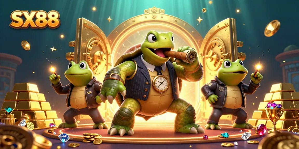 SX88 showcases a fun casino atmosphere with a turtle and bullfrogs among gold treasures.