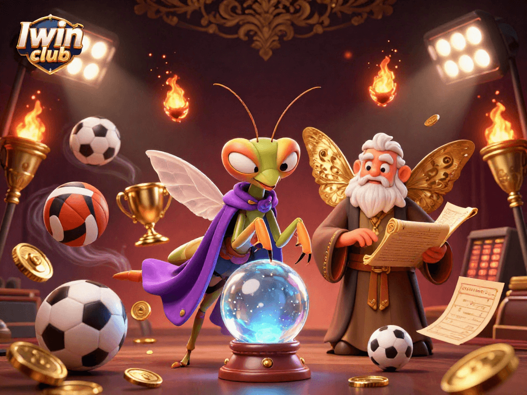 Iwin club showcases a vivid gaming scene with a fortune teller, golden coins, and dynamic sports elements