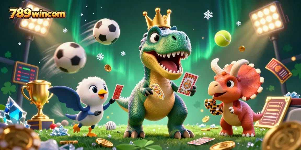 Engage with 789wincom's vibrant 3D casino scene featuring card games and sports betting elements.