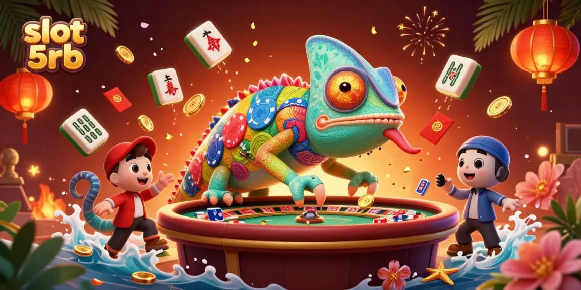 Experience the thrill of slot 5rb as the colorful chameleon snaps up coins amidst a vibrant casino scene.